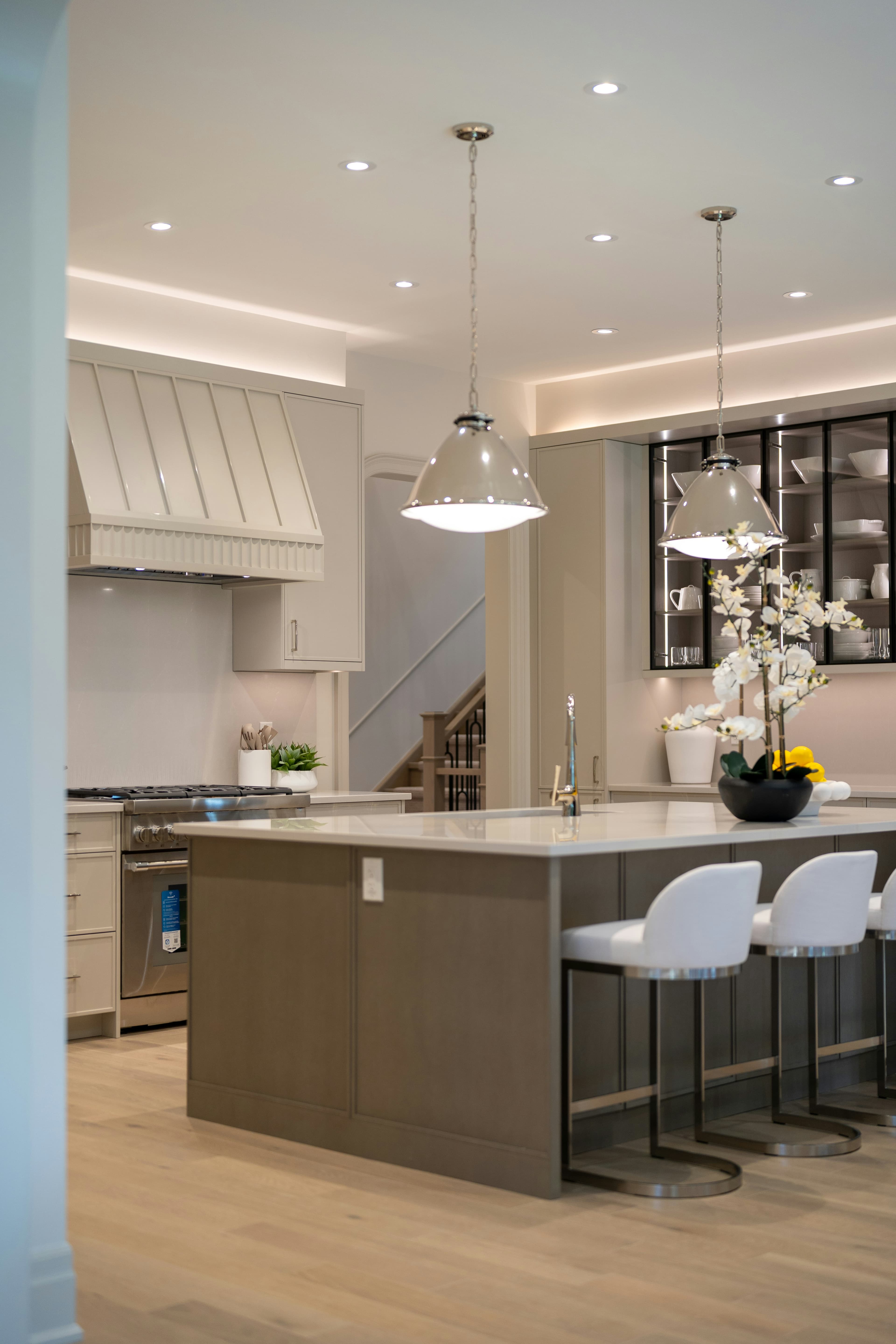 Handleless modern kitchen with integrated appliances